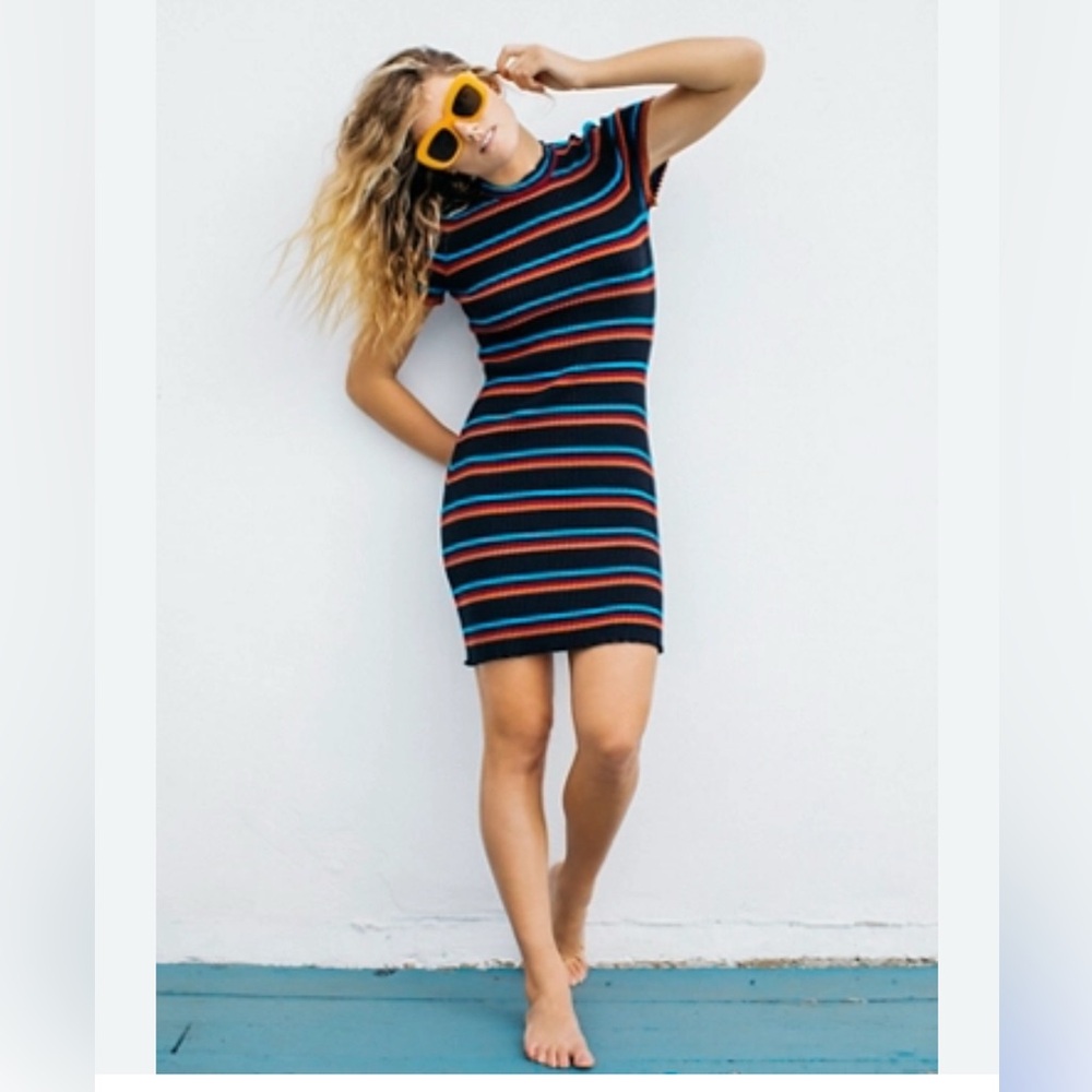 Free People Striped Knit Mini Dress in Black, Blue, Red